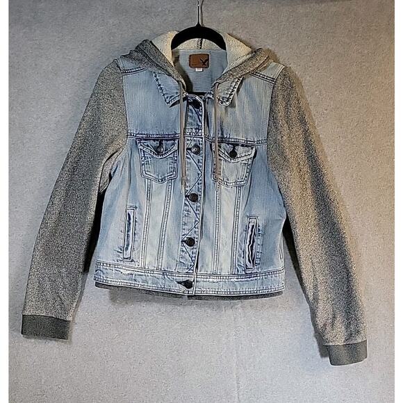 AMERICAN EAGLE OUTFITTERS Hooded Denim Jacket Sz Large Gray Knit Fabric Sleeves - Picture 1 of 8